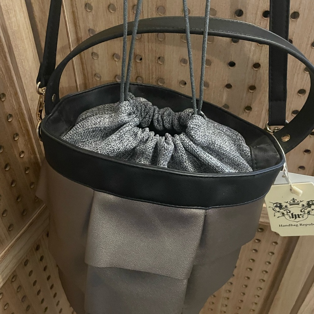 Gray and‎ Black Shoulder Bag with Oval Shape and Ruched Top Closure